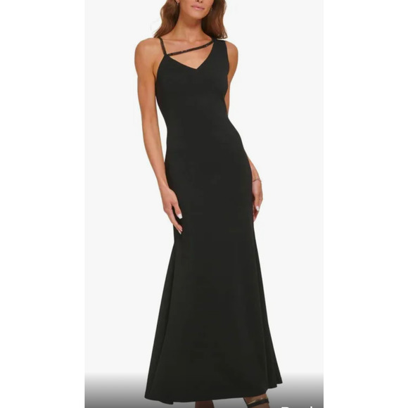 NWT DKNY Women's Beaded Stripe Asymmetrical Neck Sleeveless Gown Crepe size 12 - Picture 1 of 4